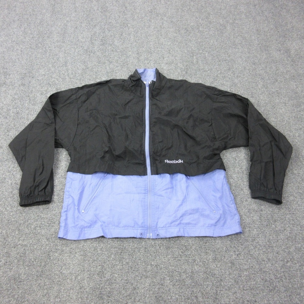 VTG Reebok Jacket Mens Small Black Purple Colorblock Full Zip Windbreaker Nylon